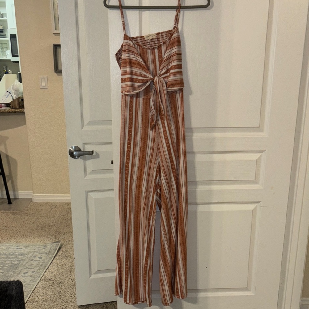 Derek Heart Brown and White Striped Jumpsuit
